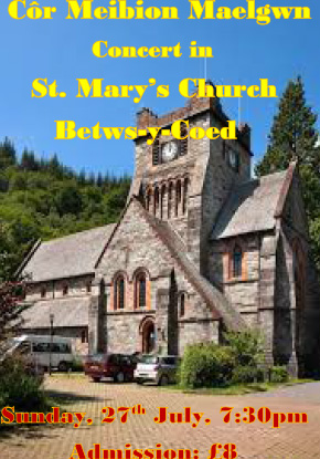 Concert in St.Mary's Church Betws y Coed Poster - Sunday 27th July, 7:30pm, Admission £8.00