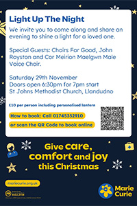 Light Up The Night Events, Saturday, November 29 at St. John's.Methodist Church, Mostyn Street, Llandudno